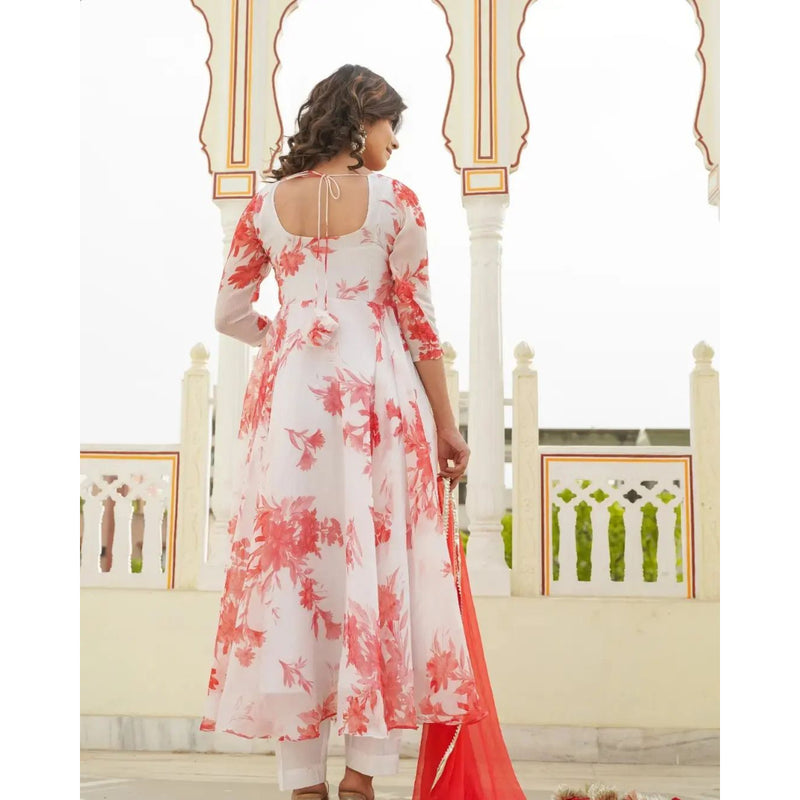 WHITE RED COLOR FOX GEORGETTE FABRIC FULLY FLAIR ANARKALI,WITH DUPPTA SET