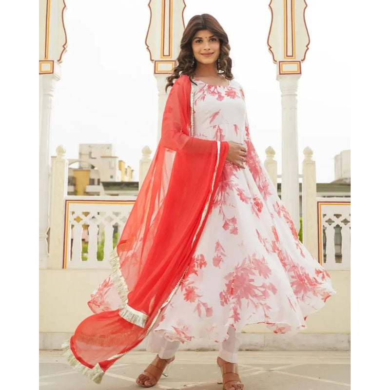 WHITE RED COLOR FOX GEORGETTE FABRIC FULLY FLAIR ANARKALI,WITH DUPPTA SET