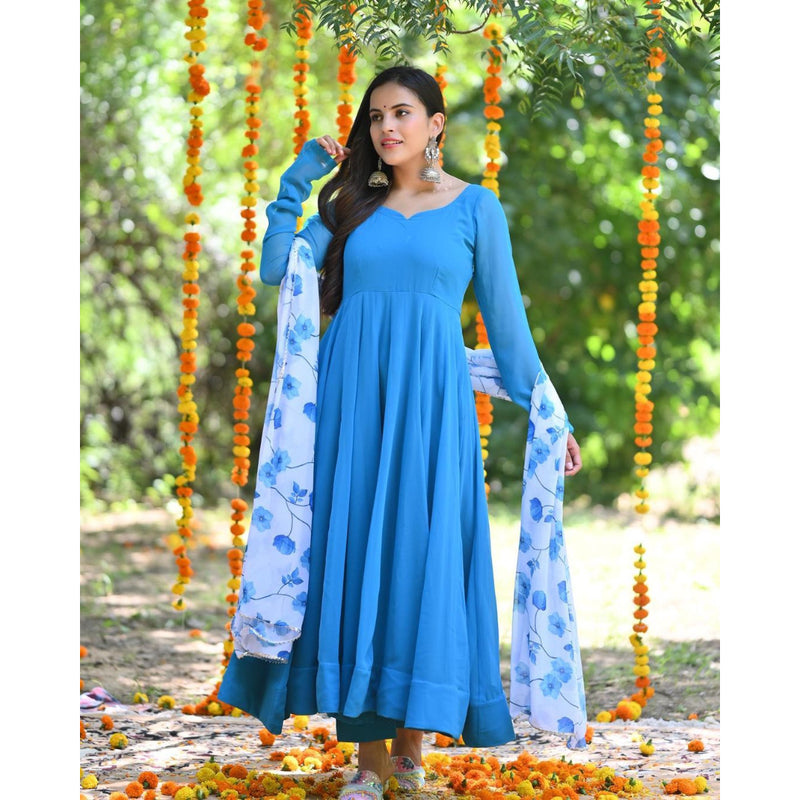 SKY BLUE PURE SOFT FOX GEORGETTE FABRIC FULLY FLAIR ANARKALI,WITH DUPPTA SET, READY TO WEAR