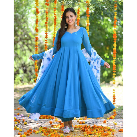 SKY BLUE PURE SOFT FOX GEORGETTE FABRIC FULLY FLAIR ANARKALI,WITH DUPPTA SET, READY TO WEAR