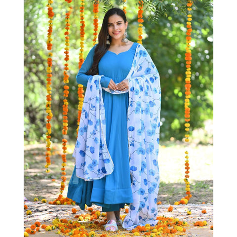 SKY BLUE PURE SOFT FOX GEORGETTE FABRIC FULLY FLAIR ANARKALI,WITH DUPPTA SET, READY TO WEAR