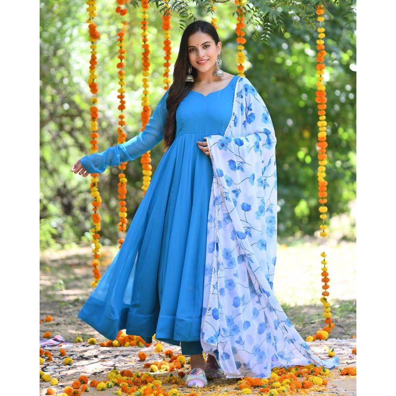 SKY BLUE PURE SOFT FOX GEORGETTE FABRIC FULLY FLAIR ANARKALI,WITH DUPPTA SET, READY TO WEAR