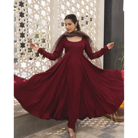 SPECIAL MAROON COLOUR PURE SOFT FOX GEORGETTE FULLY FLAIR GOWN,DUPPTA SET READY TO WEAR FULLY STTICHED