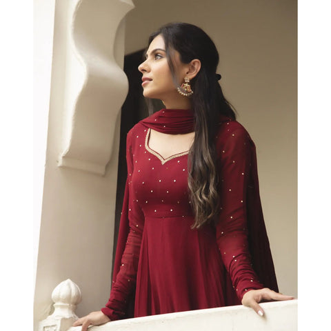 NEW SPECIAL MAROON COLOUR PURE SOFT FOX GEORGETTE FULLY FLAIR GOWN,DUPPTA SET READY TO WEAR FULLY STTICHED