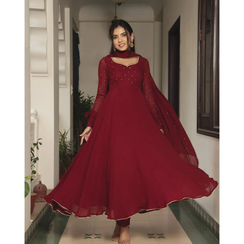 NEW SPECIAL MAROON COLOUR PURE SOFT FOX GEORGETTE FULLY FLAIR GOWN,DUPPTA SET READY TO WEAR FULLY STTICHED