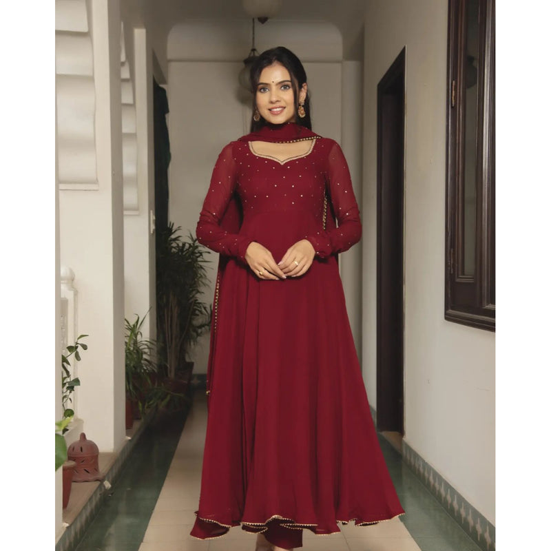 NEW SPECIAL MAROON COLOUR PURE SOFT FOX GEORGETTE FULLY FLAIR GOWN,DUPPTA SET READY TO WEAR FULLY STTICHED