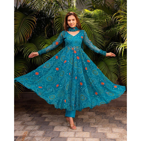 SKY BLUE COLOUR PURE SOFT FOX GEORGETTE FULLY FLAIR GOWN,DUPPTA SET READY TO WEAR FULLY STTICHED