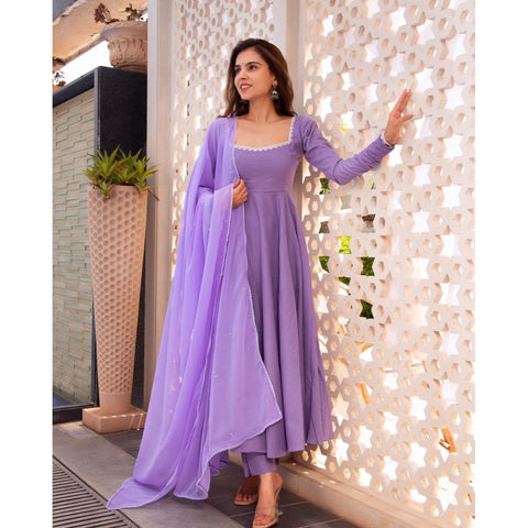 LIGHT PURPLE COLOUR PURE SOFT FOX GEORGETTE FULLY FLAIR GOWN,DUPPTA SET READY TO WEAR FULLY STTICHED