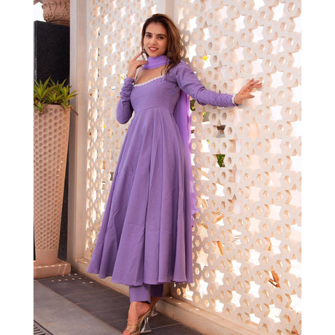 LIGHT PURPLE COLOUR PURE SOFT FOX GEORGETTE FULLY FLAIR GOWN,DUPPTA SET READY TO WEAR FULLY STTICHED