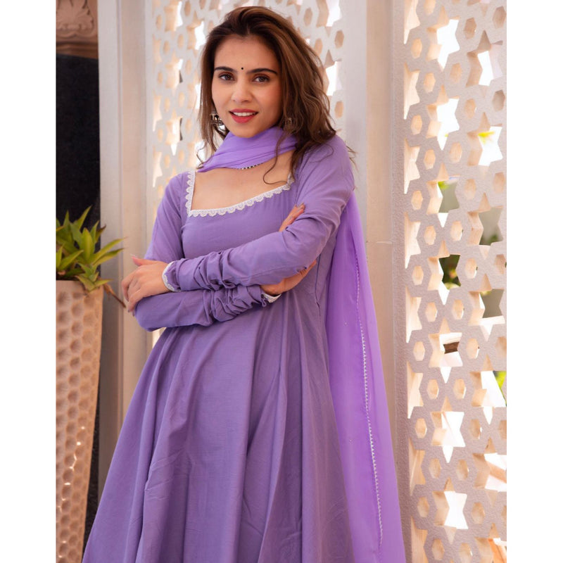 LIGHT PURPLE COLOUR PURE SOFT FOX GEORGETTE FULLY FLAIR GOWN,DUPPTA SET READY TO WEAR FULLY STTICHED
