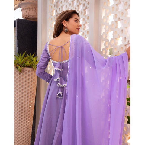 LIGHT PURPLE COLOUR PURE SOFT FOX GEORGETTE FULLY FLAIR GOWN,DUPPTA SET READY TO WEAR FULLY STTICHED