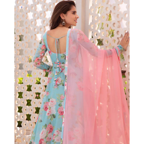 SKY BLUE COLOUR PURE SOFT FOX GEORGETTE FULLY FLAIR GOWN,DUPPTA SET READY TO WEAR FULLY STTICHED