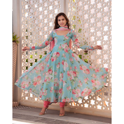 SKY BLUE COLOUR PURE SOFT FOX GEORGETTE FULLY FLAIR GOWN,DUPPTA SET READY TO WEAR FULLY STTICHED