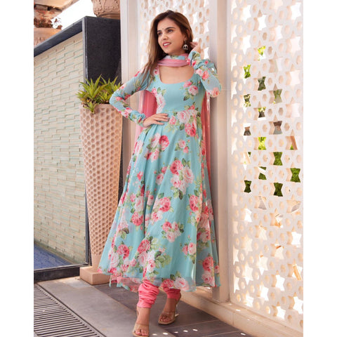 SKY BLUE COLOUR PURE SOFT FOX GEORGETTE FULLY FLAIR GOWN,DUPPTA SET READY TO WEAR FULLY STTICHED