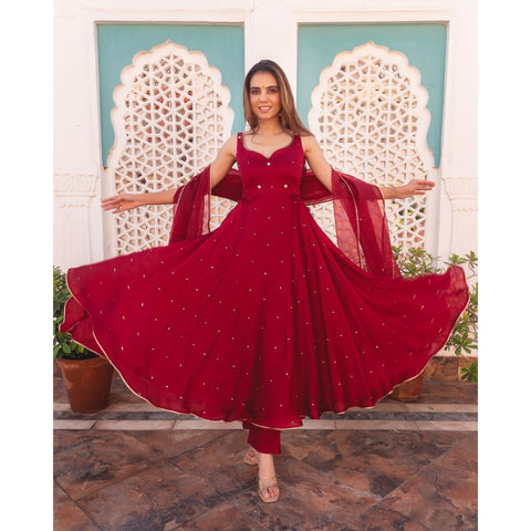 SPECIAL MAROON COLOUR PURE SOFT FOX GEORGETTE FULLY FLAIR GOWN,DUPPTA SET READY TO WEAR FULLY STTICHED