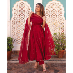 SPECIAL MAROON COLOUR PURE SOFT FOX GEORGETTE FULLY FLAIR GOWN,DUPPTA SET READY TO WEAR FULLY STTICHED