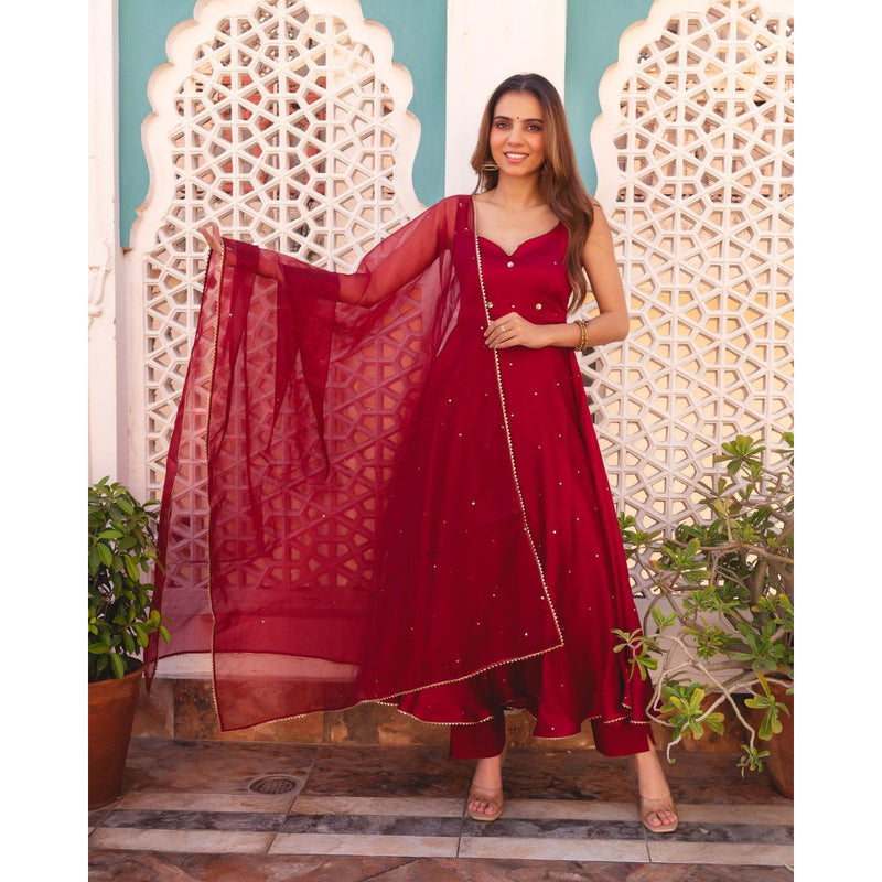 SPECIAL MAROON COLOUR PURE SOFT FOX GEORGETTE FULLY FLAIR GOWN,DUPPTA SET READY TO WEAR FULLY STTICHED