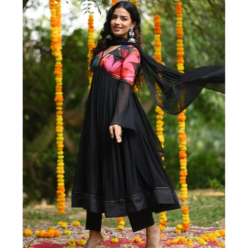 BLACK COLOR PURE SOFT FOX GEORGETTE FABRIC FULLY FLAIR ANARKALI,WITH DUPPTA SET, READY TO WEAR