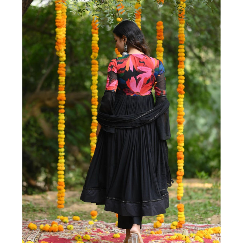 BLACK COLOR PURE SOFT FOX GEORGETTE FABRIC FULLY FLAIR ANARKALI,WITH DUPPTA SET, READY TO WEAR