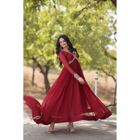 Maroon Color Designer Gown is luxury clothing Considered to be high quality Made by Zari-Thread