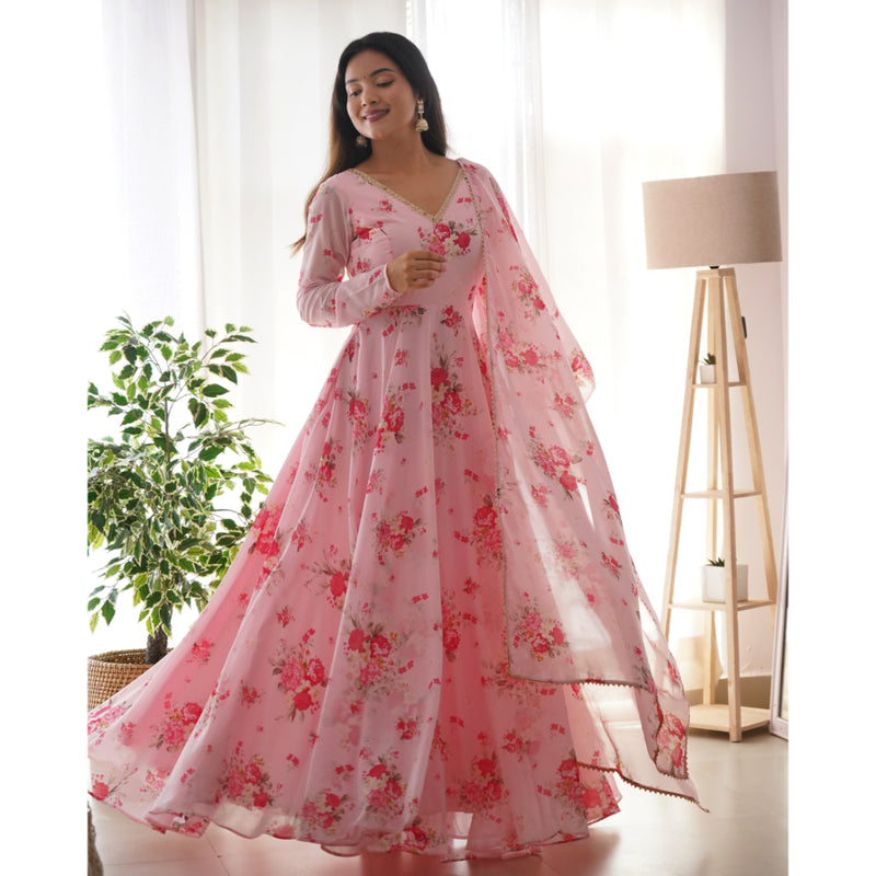 NEW PINK COLOR SOFT GEORGETTE ANARKALI FULLY FLAIR GOWN,DUPPTA SET READY TO WEAR FULLY STTICHED