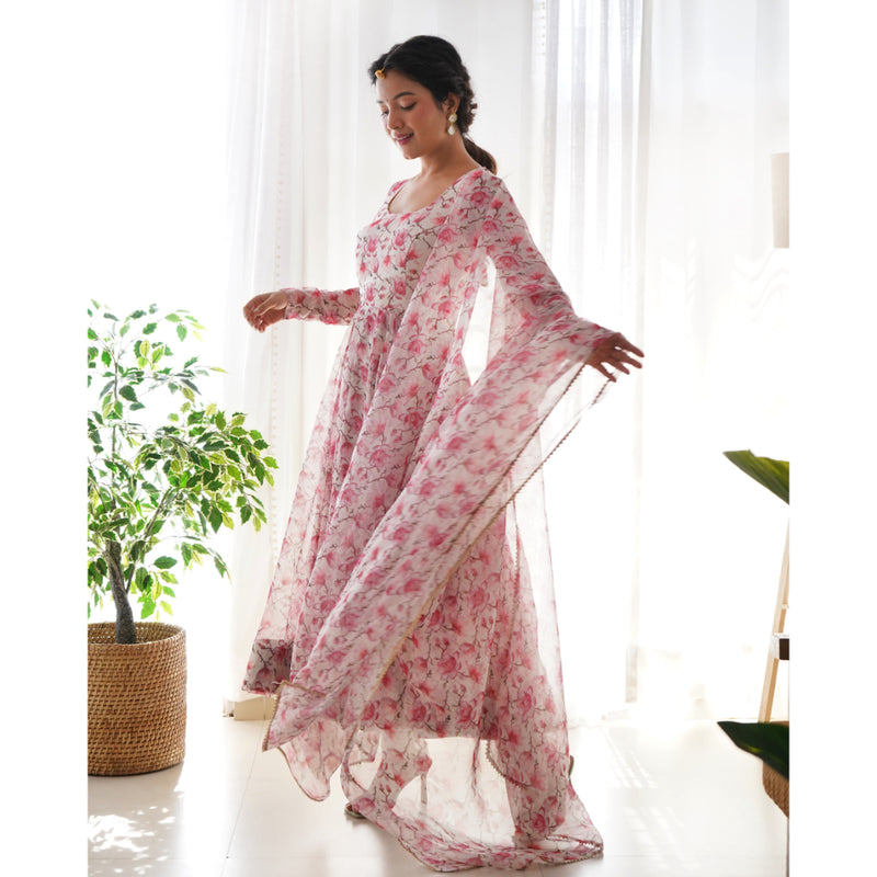 PINK FLOWER PURE ORGANJA SILK FABRIC FULLY FLAIR KALI PATTERN AND CANVAS PATTA WITH DUPPTA SET ,PENT READY TO WEAR