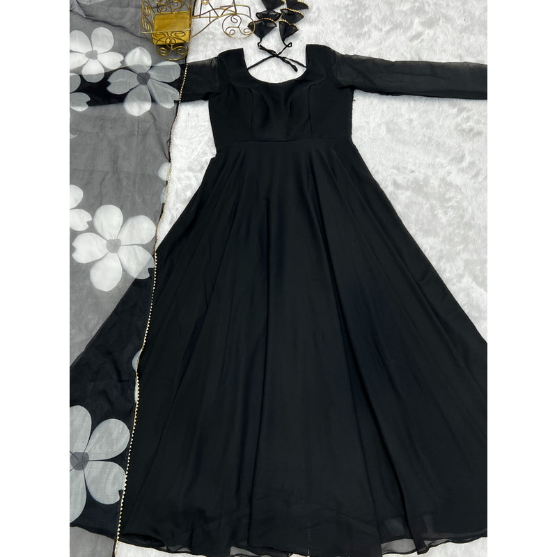 BLACK COLOUR PURE SOFT FOX GEORGETTE FULLY FLAIR GOWN,DUPPTA SET READY TO WEAR FULLY STTICHED