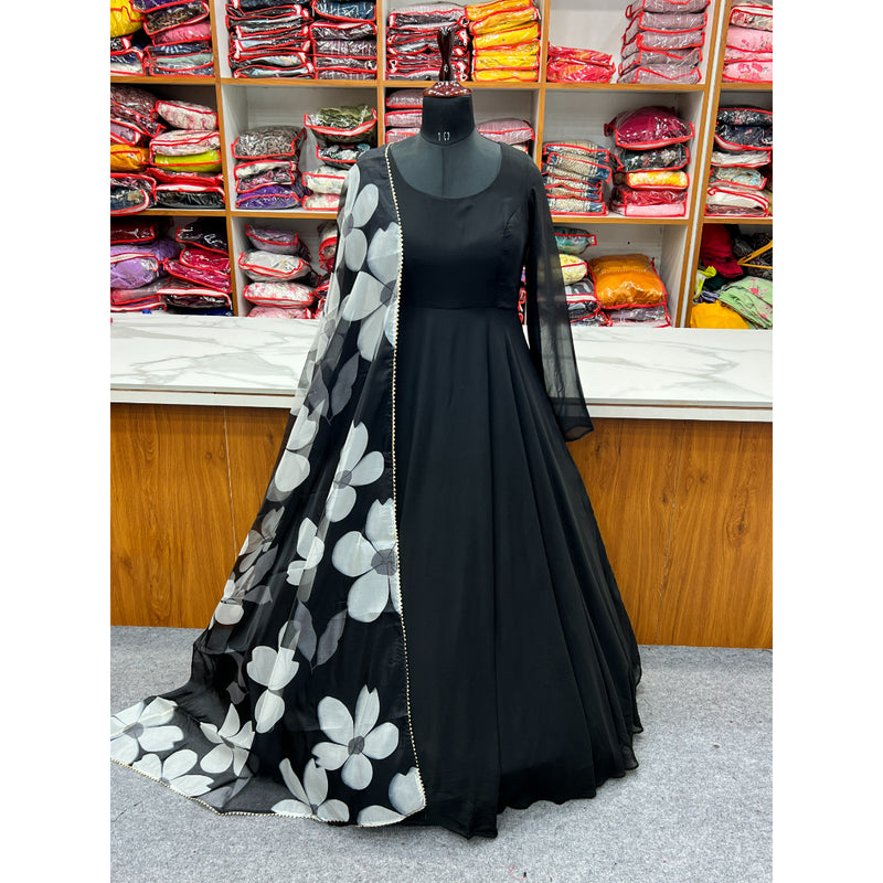 BLACK COLOUR PURE SOFT FOX GEORGETTE FULLY FLAIR GOWN,DUPPTA SET READY TO WEAR FULLY STTICHED