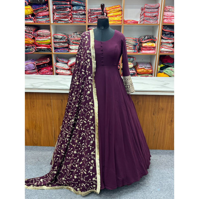 PRESENTING NEW WINE GEORGETTE GOWN DUPPTA FULL SET WITH PENT READY TO WEAR