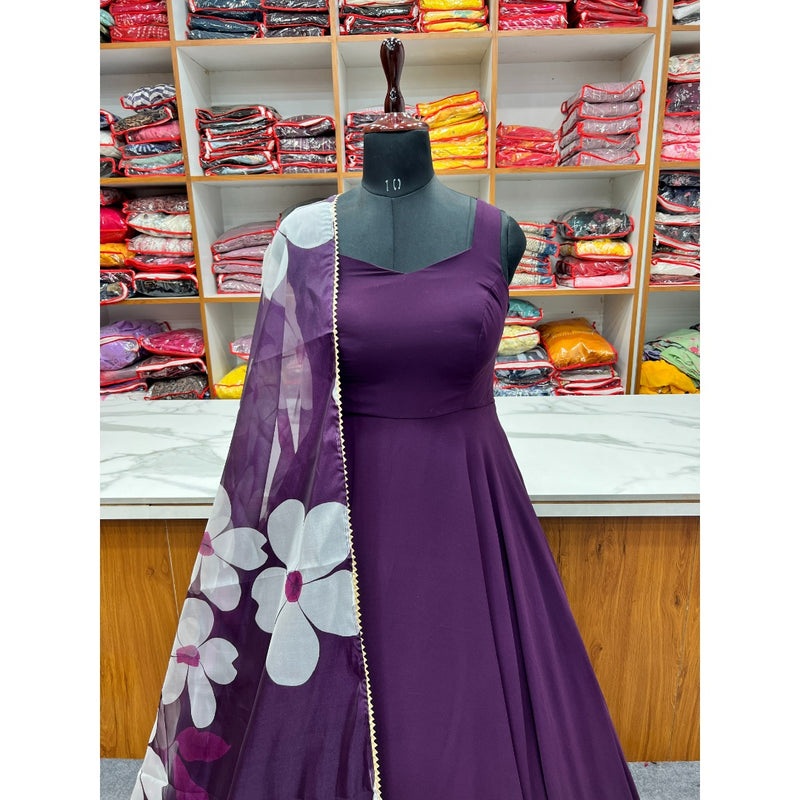 DARK WINE COLOUR PURE SOFT FOX GEORGETTE FULLY FLAIR GOWN,DUPPTA SET READY TO WEAR FULLY STTICHED