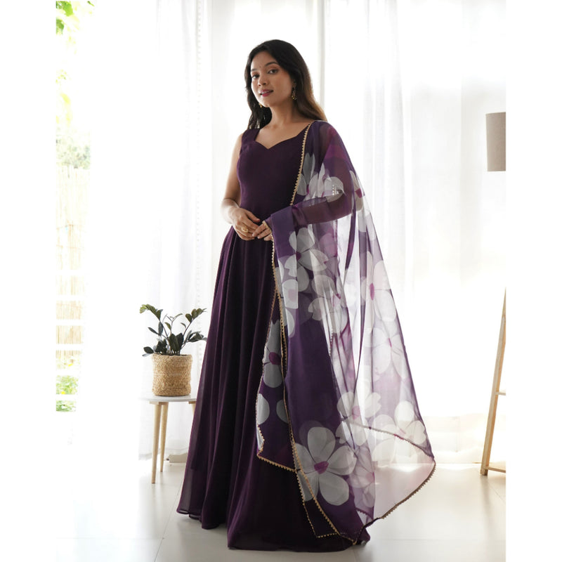 DARK WINE COLOUR PURE SOFT FOX GEORGETTE FULLY FLAIR GOWN,DUPPTA SET READY TO WEAR FULLY STTICHED