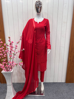 RED COLOR BEAUTIFUL LUKHNOWI GEORGETTE WORKSTRAIGHT KURTI SUIT ,PENT SET WITH DUPPTA