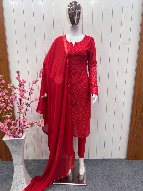 RED COLOR BEAUTIFUL LUKHNOWI GEORGETTE WORKSTRAIGHT KURTI SUIT ,PENT SET WITH DUPPTA