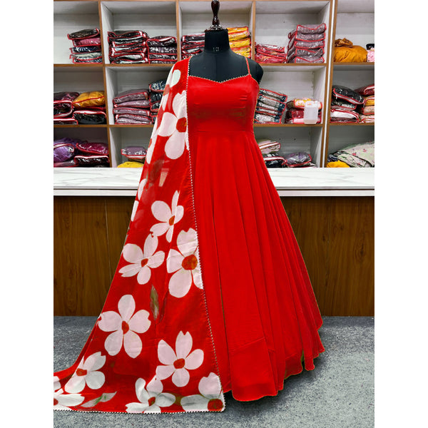 NEW SUMMER SPECIAL CATATONIC RED COLOUR PURE SOFT FOX GEORGETTE FULLY FLAIR GOWN,DUPPTA SET