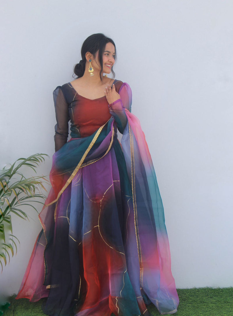 New Party Wear Look Organza Taby Silk Gown With Dupatta