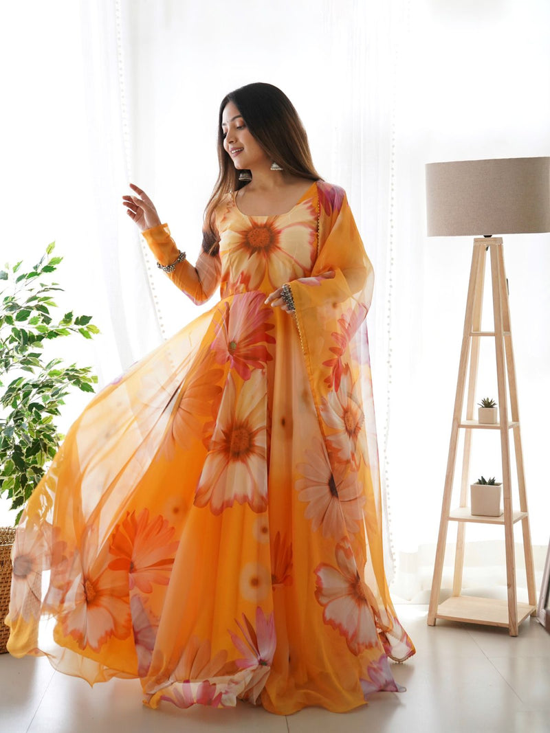 Yellow Color New Party Wear Look Organza Taby Silk Gown With Dupatta