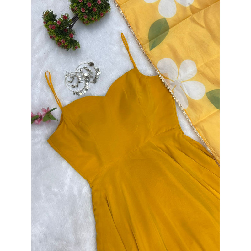NEW SUMMER SPECIAL YELLOW COLOUR PURE SOFT FOX GEORGETTE FULLY FLAIR GOWN,DUPPTA SET