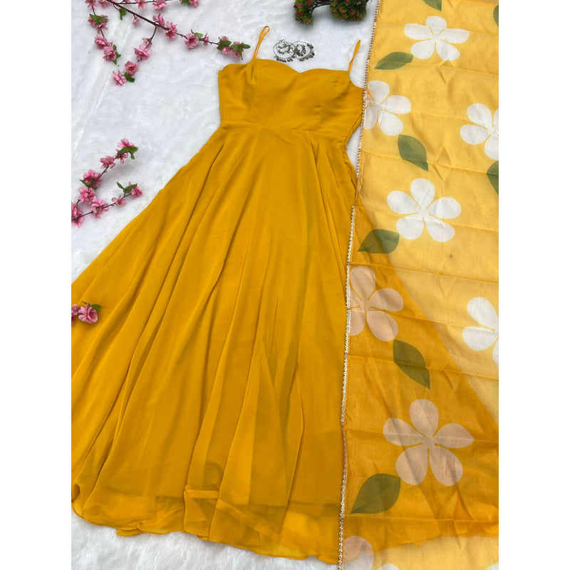 NEW SUMMER SPECIAL YELLOW COLOUR PURE SOFT FOX GEORGETTE FULLY FLAIR GOWN,DUPPTA SET