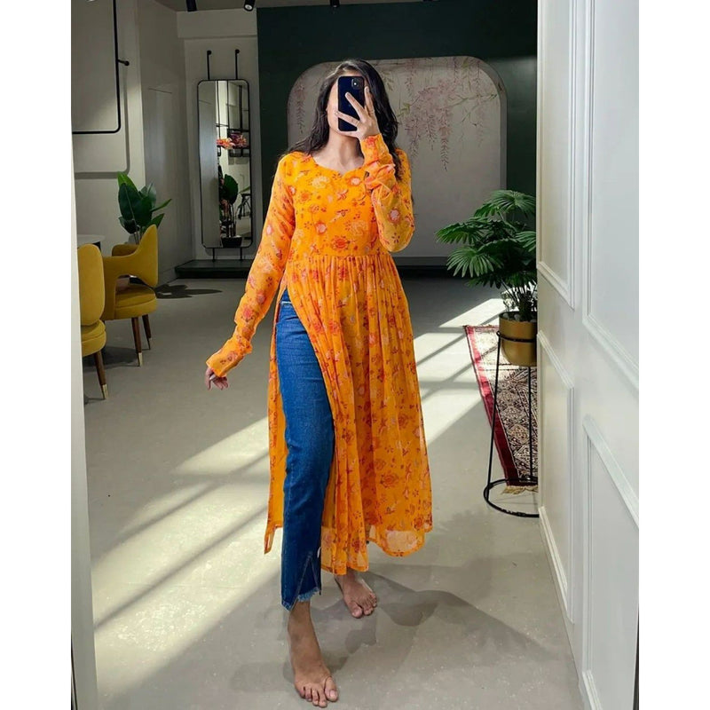 Women's Printed Yellow Cotton Kurt... | Stylish fall outfits, Long kurti  designs, Stylish dresses for girls