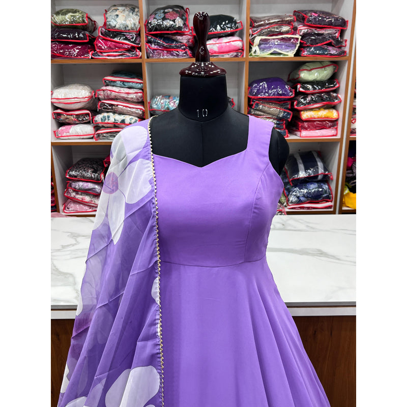 NEW LAVENDER AND DARK WINE COLOUR PURE SOFT FOX GEORGETTE FULLY FLAIR GOWN,DUPPTA SET READY TO WEAR FULLY STTICHED