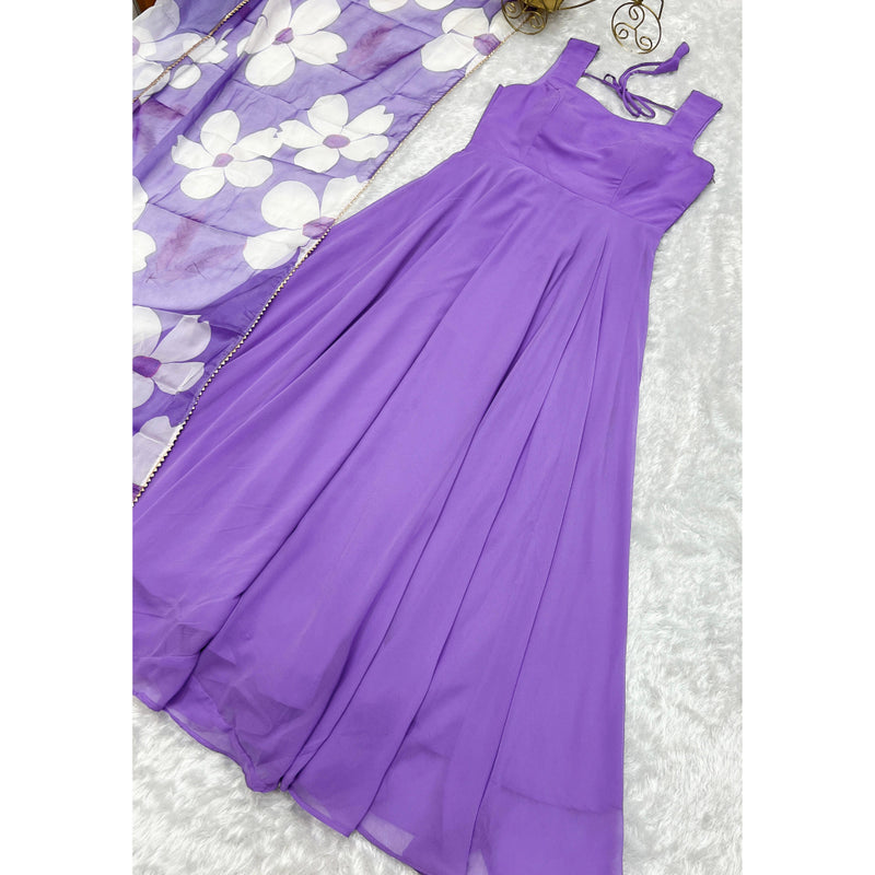 NEW LAVENDER AND DARK WINE COLOUR PURE SOFT FOX GEORGETTE FULLY FLAIR GOWN,DUPPTA SET READY TO WEAR FULLY STTICHED