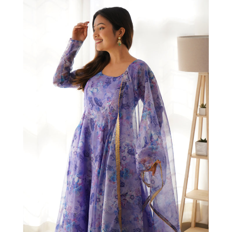 New Purple Color Party Wear Look Organza Taby Silk Gown With Dupatta