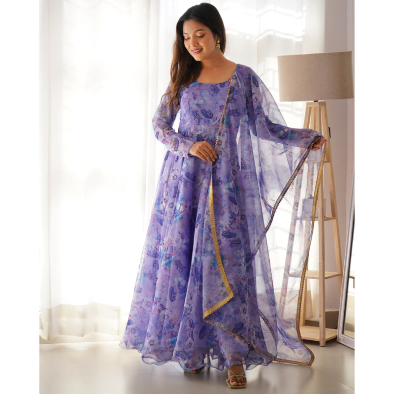 New Purple Color Party Wear Look Organza Taby Silk Gown With Dupatta