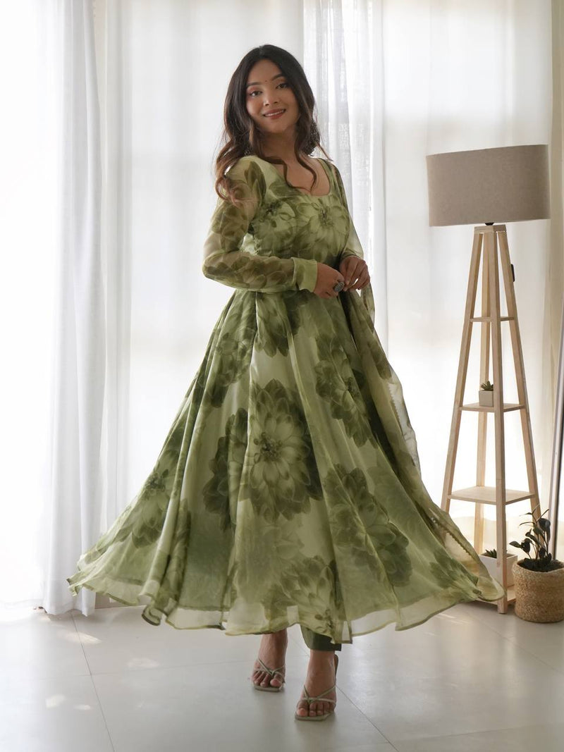 OLIVE GREEN PURE SOFT TABBY ORGANZA SILK PRINT FABRIC FULLY FLAIR ANARKALI,WITH DUPPTA SET