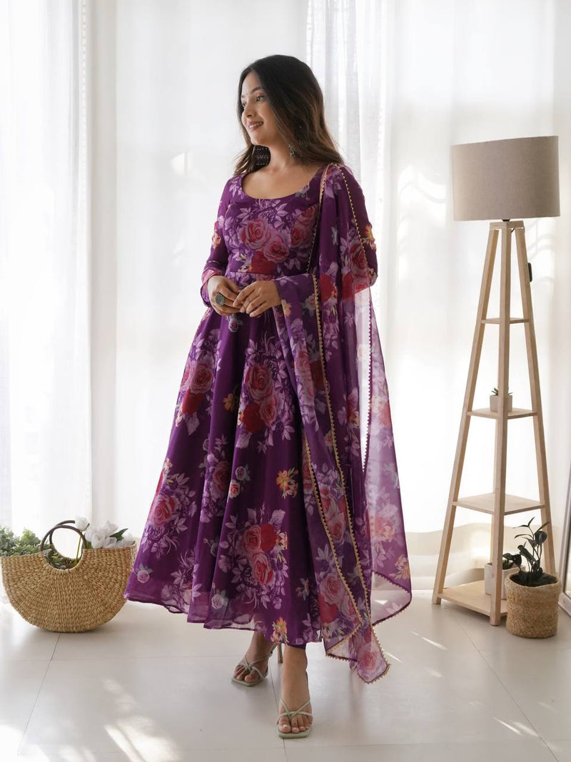 WINE COLOR PURE SOFT TABBY ORGANZA SILK PRINT FABRIC FULLY FLAIR ANARKALI,WITH DUPPTA SET