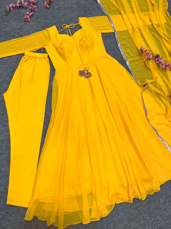 NEW YELLOW GEORGETTE GOWN DUPPTA FULL SET WITH PENT READY TO WEAR