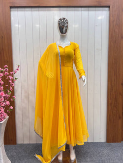 NEW YELLOW GEORGETTE GOWN DUPPTA FULL SET WITH PENT READY TO WEAR
