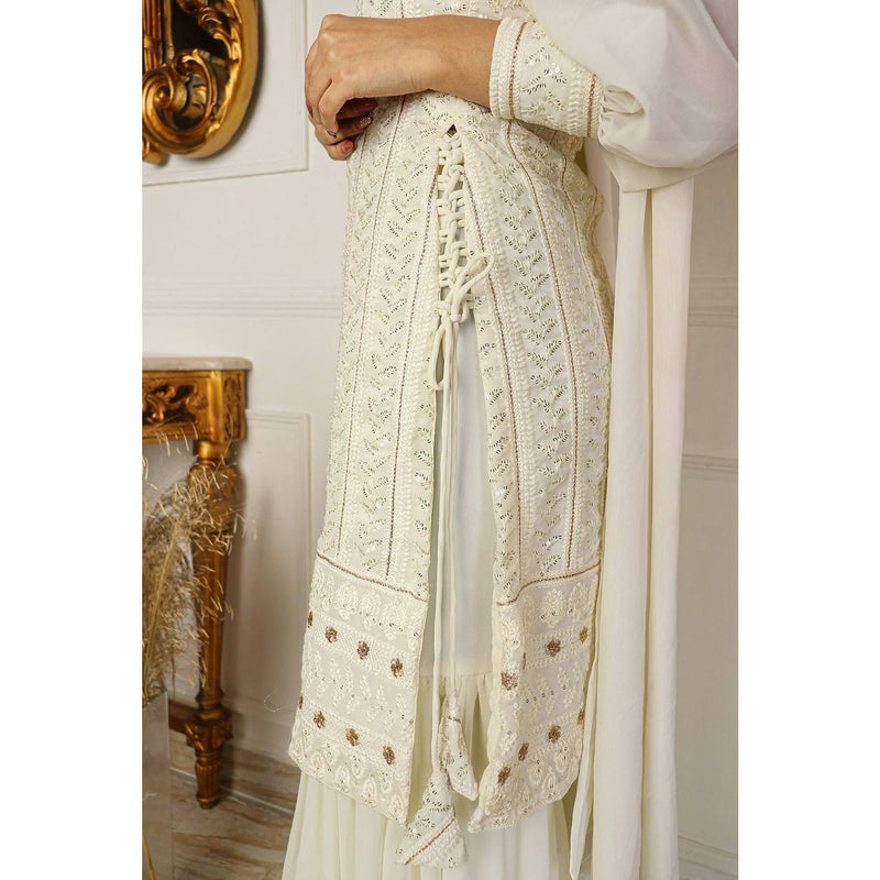 Beautiful pure Lukhnowi kurta set embroidery cotton thread work sequence work sharara And duppta set ready to wear