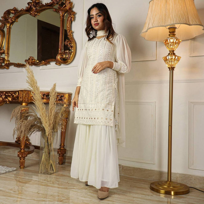 Beautiful pure Lukhnowi kurta set embroidery cotton thread work sequence work sharara And duppta set ready to wear