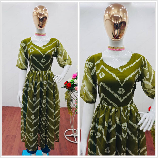 Olive Green Heavy Faux Georgette Printed Trendy Nyra Style Kurta